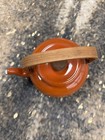 Vtg Enamel Orange Tea Pot Kettle Hand Painted Daisies Teak Handle Japanese Boho