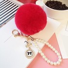 Women Pearl Fluffy Faux Fur Ball Handbag Pendant Pompom Keychain Key Ring  