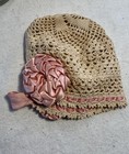 Antique Crochet Baby young Child Bonnet With Pink Satin Ribbon Baptism
