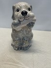 Vintage Porcelain Ceramic Dog Holding Bone With Adorable Puppies H-10in