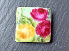 Antique Square Porcelain Hand-painted Button With Pink And Yellow Roses P53