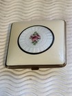 Unused Vintage Elgin American Compact Guilloche Enameled Rose W Puff   Mirror