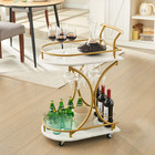 2-tier Rolling Bar Cart With Wine Rack   Glass Holder     Gold   White