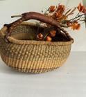 Large Vintage African Ghana Bolga Basket Woven Market Basket Leather Handle Home
