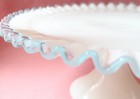Vintage Fenton Light Blue Silver Crest Milk Glass Cake Stand Pedestal Ruffle 13 