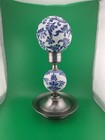 Blue White Ceramic Metal Hurricane Candlestick Lamp Holder 7 tall 5  1 2 Diamete