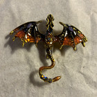 Dragon Figural Brooch pin Gold Tone Multicolor Enamel Wings Rhinestones