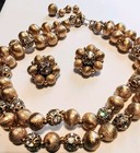 Vtg Vendome Unsigned Gold Plate Rhinestone Bead Demi Parure Necklace Earrings 