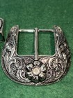 Vintage Silver Western Belt Buckle Set 3-piece Floral Engraved 38mm 1 5  Cowboy