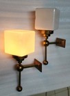 Pair Vintage Art Deco Brass Cube Milk Glass Wall Fixture Sconces Ship Light Lamp