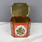 Vtg Orange Yellow Floral Design Hinged Octagonal Tin Box Container   England