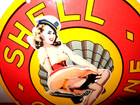 11 5 8 In Shell Gasoline   Sexy Lady Adv  Sign Heavy Metal Porcelain -s 349 B