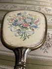 Vintage Handheld Vanity Mirror     Floral Design  Silver-tone Handle  Brass Trim