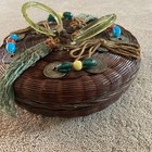 7  Vintage antique Chinese Wicker Sewing Basket With Beads Rings Coins Tassels