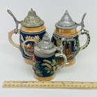 Vintage German Beer Stein Set 3 Pewter Lid Munchen Jagers Freud Cobalt Blue Good