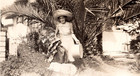 Vintage Old Outdoor Photo Antique Picture Lady Dress Big Hat Luggage Home Tree