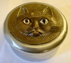 Rare Antique Nickel   Brass Box - Cat With Glass Eyes C 1920