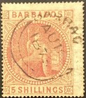 1873 Barbados Scott 43 Sg64 5 Shilling Dull Rose Used Vf Small Star Stamp