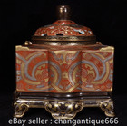 5 6  Qing Qianlong Chinese Alum Red Porcelain Gilt Cover Incense Burner Censer