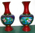 Set Of Two Chinese Red Cinnabar Lacquer And Cloisonne Vases