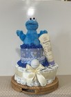 Luxury Millie Moon Blue Cookie Monster 2 Tiers Diaper Cake Blue Centerpiece Gift