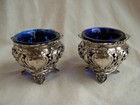 Pair Of Antique French Sterling Silver Blue Cut Crystal Salt Cellars late Xix