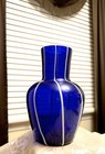 Beautiful Vintage Cobalt Blue And White Pinstriped Vase