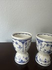 Two 2 Old Antique Blue   White Pedestal Egg Cups