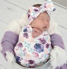 Newborn Purple Floral Blanket Stretch Wrap Swaddle With Headband   Beanie Photo