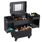 Professional Beauty Trolley Makeup Train Case Cosmetic Case On Wheels Used Black