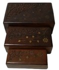 Set Of 3 Wooden Storage Jewelry Boxes Valvet Lined Craved  Golden Flower Decor