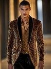 Velvet Men Blazer Classic Leopard Print Shawl Lapel Tuxedo Trendy Jacket Coat