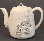 Chinese Biscuit Teapot W  Landscape Relief   Blue Glazed Interior     Vtg -ex Cond