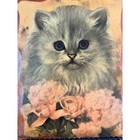 Vintage Fluffy Gray Kitten Pink Roses Wood Decoupage Plaque Wall Hanging Art