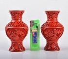China Carved Cinnabar Lacquer Cloisonne Floral Vase W wooden Stand