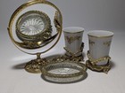 Vintage Matson 4 Pc Vanity Set Gold Ormolu W  Mirror Porcelain Cups   Glass   