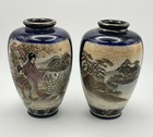 Japanese Shimazu Satsuma Crackle Glaze Cobalt Small 4 75  Vase Pair Antique