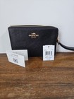 New Coach Corner Zip Pebbled Leather Wristlet Pouch - Black With Gold  
