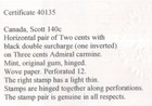 Canada  140c Very Fine Mint Pair Double Surcharge   with Certificate  