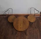 Vintage Wrought Iron Ice Cream Parlor Table And 3 Heart-back Chairs Wood Tops 