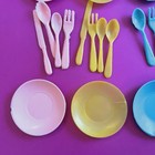 Vtg 1960s Thin Plastic Toy Children   s Tea Set Play Dishes Cups Pink Yellow Blues