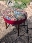 Vintage Floral Fabric Needlepoint Tapestry Round Footstool Cushioned Wood Legs
