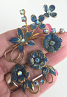 Vintage Austria Blue Borealis   Sugar Bead Gold Tone Pin   Clip Earrings Set
