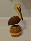 Vtg Wood Carved Pelican Perched On Wood Base W rope Beach Nautical Decor Coastal