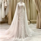Champagne Lace Appliques  Wedding Dresses Long Sleeves With Cape Bridal Gowns
