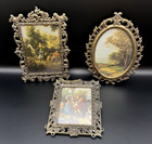 Vtg Lot Of 3 Italian Silk Picture Frames Brass Wall Art Different Size And Shape