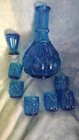 Vintage Blue Glass Decanter Set W stopper Decorative W 6shot Glasses Moon stars