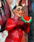 Red Devil Riding Pig   Eating Watermelon Clay Figure Handmade Mexican Folk Art