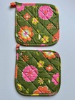 Vintage 60s 70s Avocado Green   Pink Flower Power Quilted Pot Holder Set 2 Nos