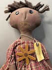 Primitive Folk Art Cloth Doll 22    Plaid Dress Button Eyes Flower Country Decor